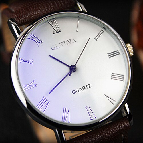Männer Uhr Römischen Ziffern Blu-Strahl Faux Leder Band Quarz Analog Geschäft Armbanduhr