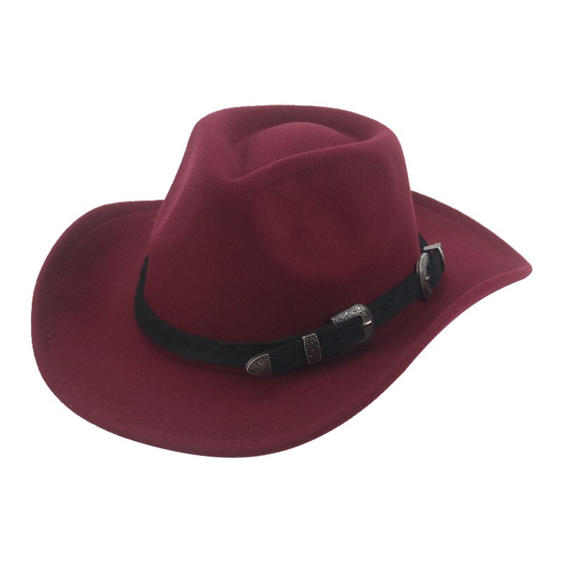 Sombrero de vaquero para hombre y mujer, sombrero de Cowboy para chica, sombrero de Cowboy occidental sólido Camel, banda ancha, accesorios,: wine red-black