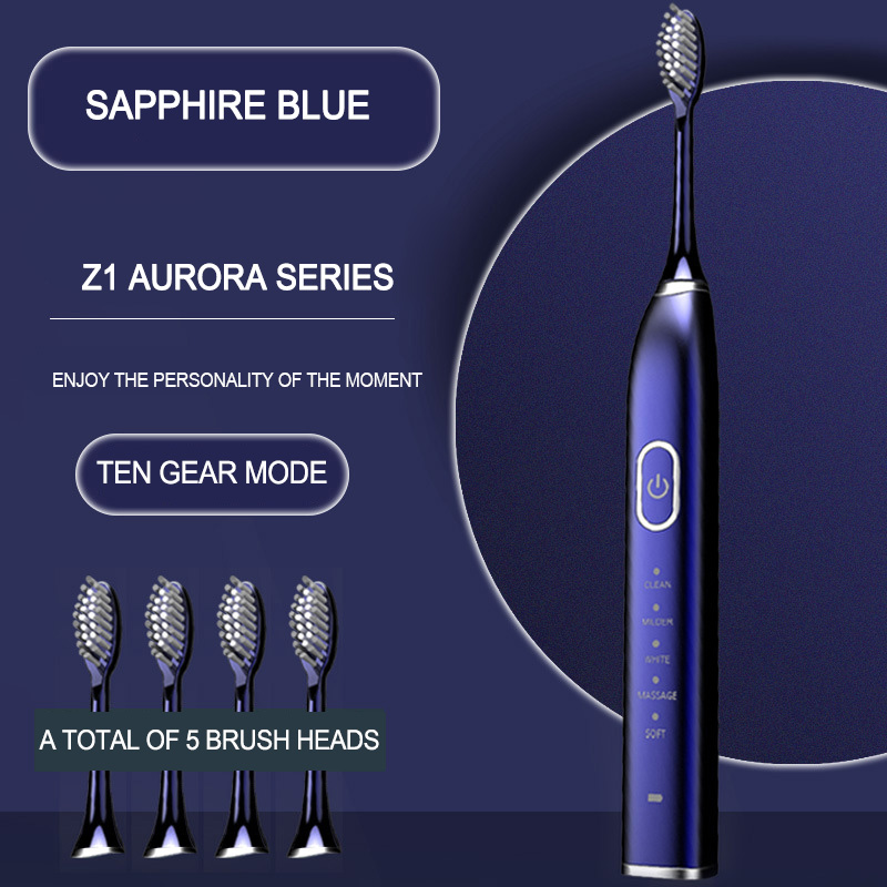 Automatic Electric Toothbrush 10 Brush Head Sonic wave Rechargeable Ultrasonic Teeth Brush Adult Replacement Heads Set 15 Modes: Blue 10 Gears