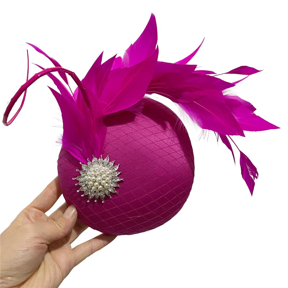 Satin Green Wedding Fascinator Hat Bridal Headpiece With Fancy Feather Hair Accessories Formal Chuch Occasion: magenta