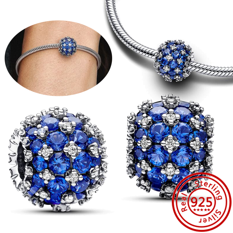 Cuentas redondas de plata 925, cristal de Murano blanco, rojo, verde, negro, azul, rojo, circonita brillante, compatible con pulsera Pantaro, de joyería fina: Azul