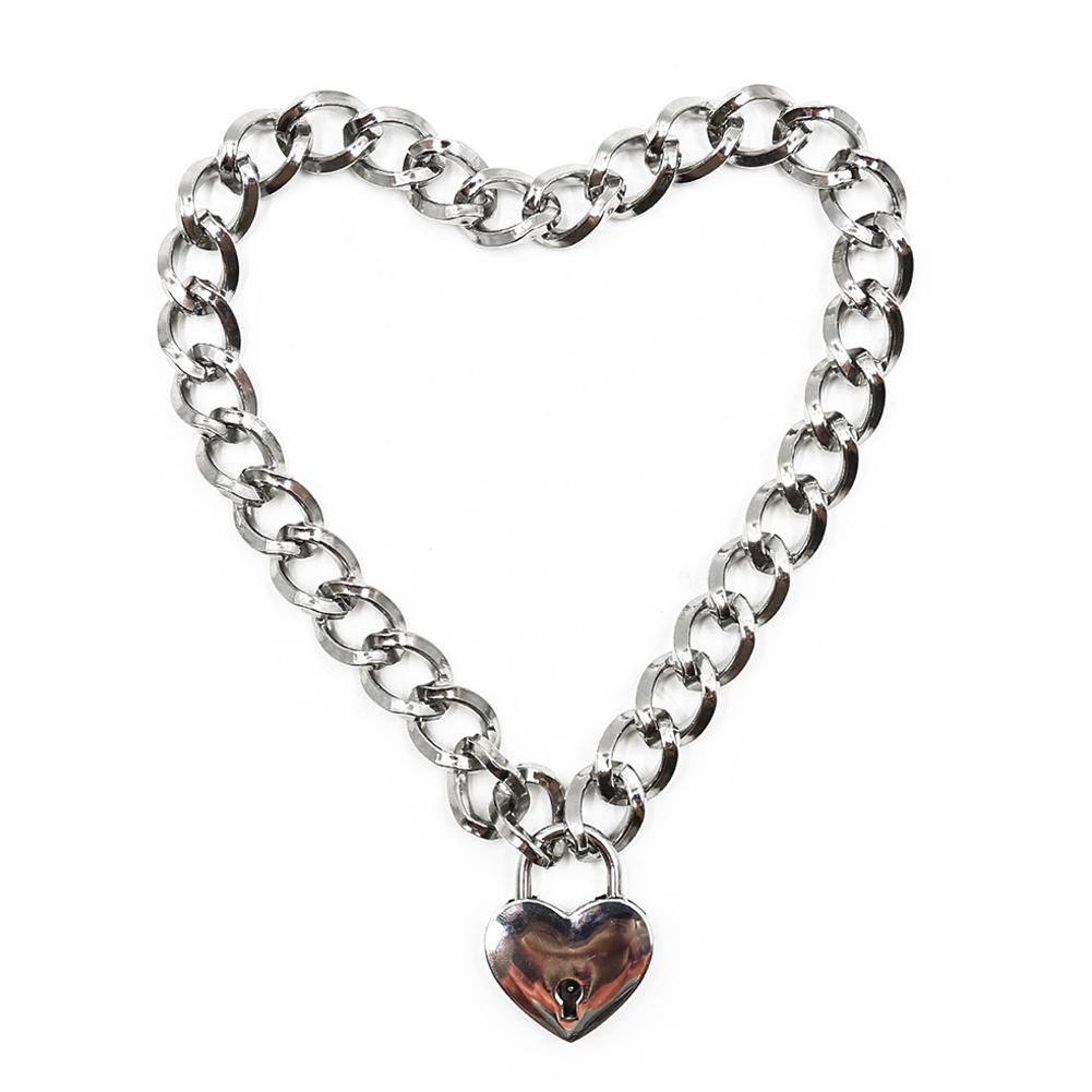 DreamBell Women Punk Cool Neck Collar Slave Game Pet Heart-Shape Padlock Metal Choker Necklace