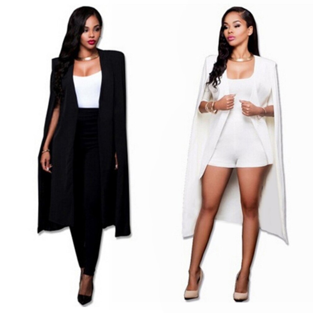 Longue veste-cape pour femme, blazer long, cape, manteau féminin, , noir blanc, personnalité, col ouvert, fente, veste, costumes, vêtements travail