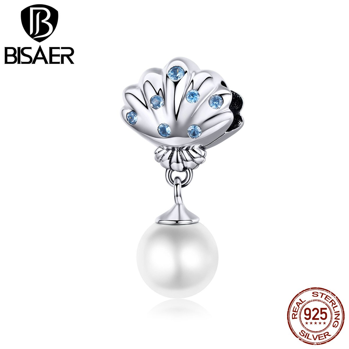 BISAER 100% 925 Sterling Silver Happiness Charms Freshwater Pearl Shell Beads fit for Bracelets DIY Jewelry Mother ECC1155