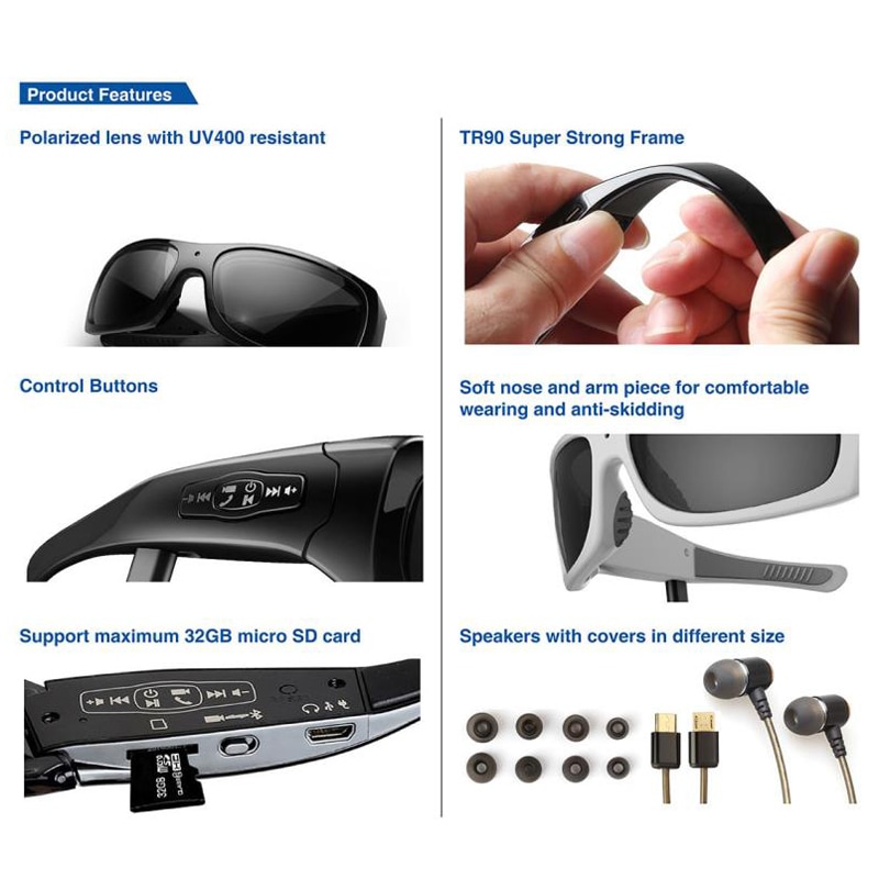Lecteur MP3 HD lunettes DV caméra avec Bluetooth lunettes de soleil casque Sports de plein air conduite criminalistique enregistreur polarisé lentille Cam