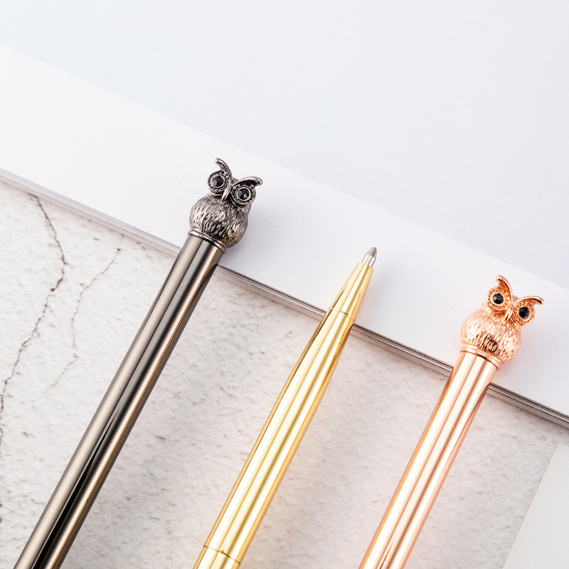 Kawaii Rose Gold Metal Owl Ballpoint Pen Luxury Brand Writing Handle Pens for Girl Nice Office Stationery Supplies