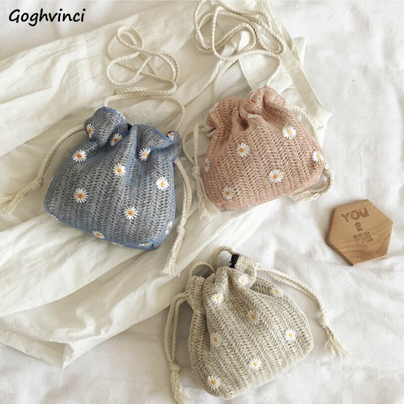 Sacos de cordão feminino de malha floral lazer mini retro simples moda all-match chique estilo coreano balde doce meninas verão novo