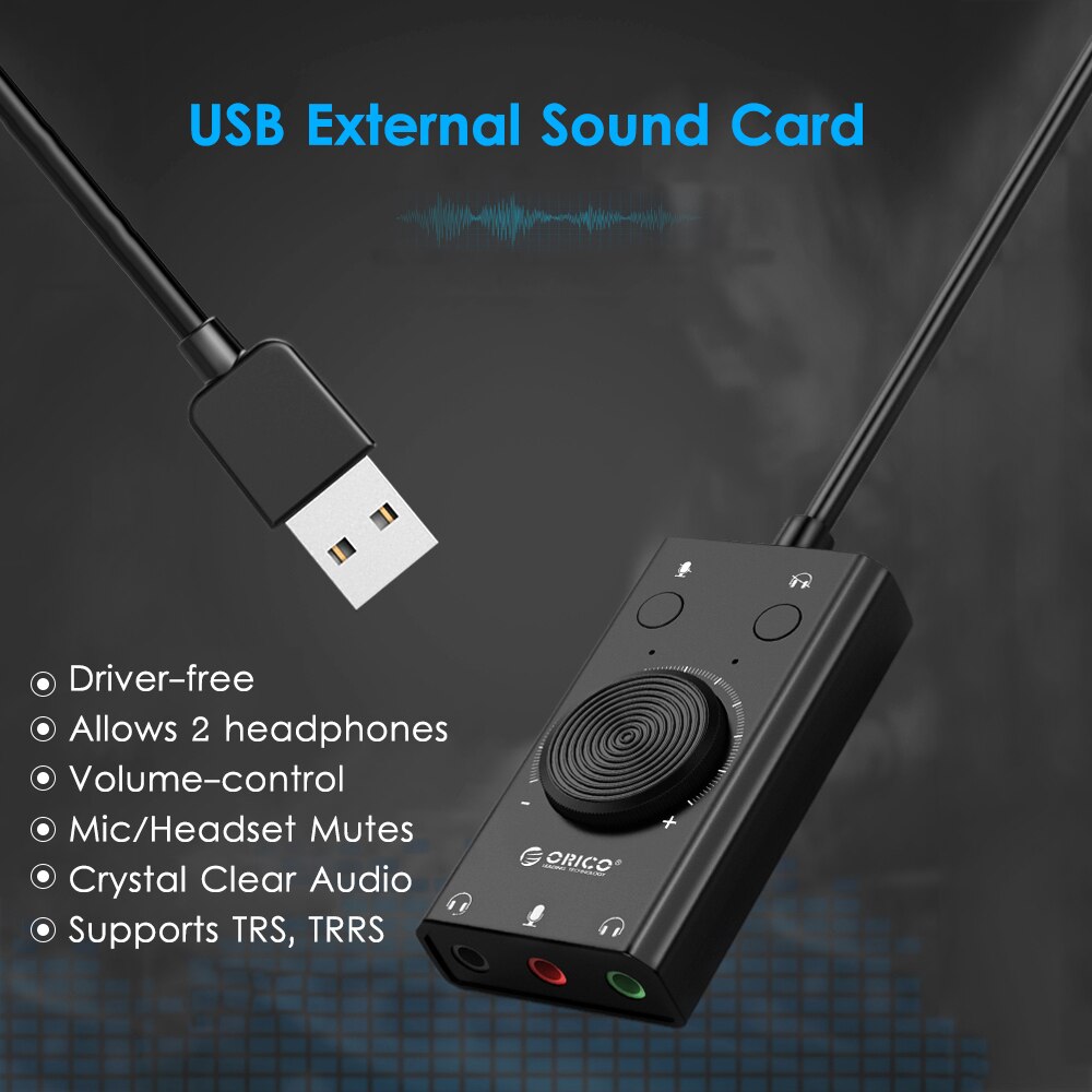 USB Sound Card Plug and Play External Stereo Sound Adapter Splitter Converter with Volume Control Supports TRS/TRRS