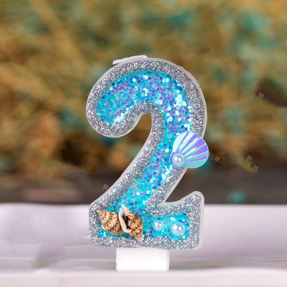 Decoraciones azules para pastel de cumpleaños de bebés y niños, vela de concha de océano brillante para Baby Shower, recuerdo para niños de 0 a 9 velas, suministros para hornear: 2