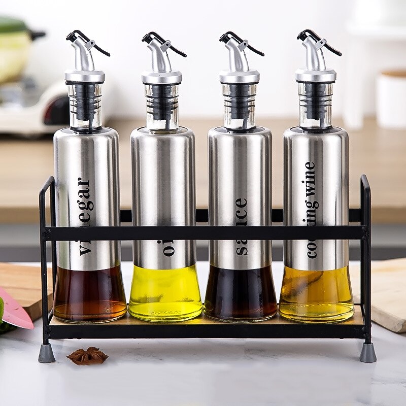 Kitchen Supplies Leakproof Stainless Steel Glass Oiler Spice Jar Soy Sauce Vinegar Cooking Wine Organizer Rack Liquid Container