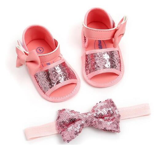 Verão praia princesa estilo meninas sapatos de bebê crianças bling couro do plutônio bonito arco sola macia sandálias casuais e bandana