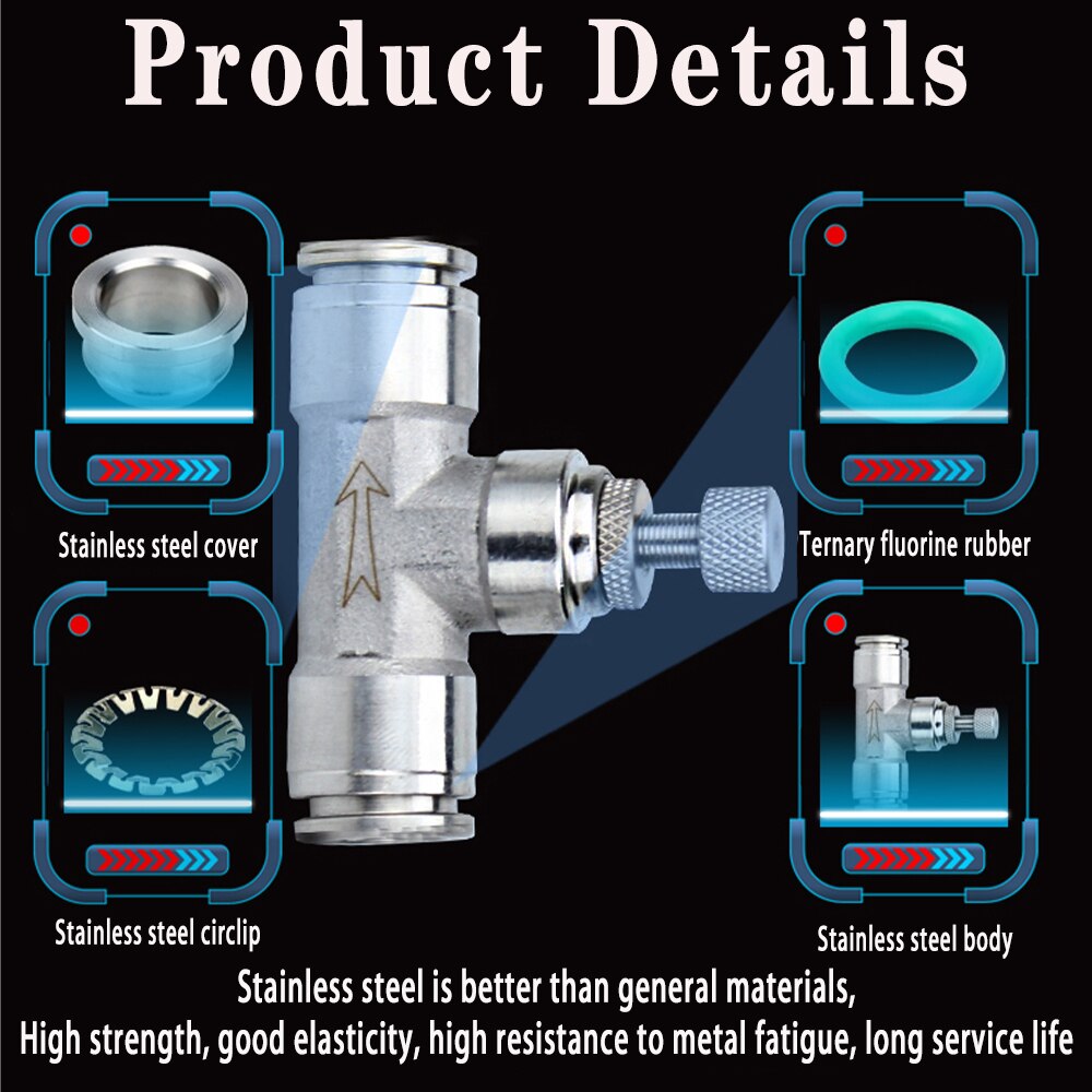 SA pneumatic connector 304 stainless steel metal air connector hose 4/6/8/10/12mm flow adjustment throttle valve quick connector
