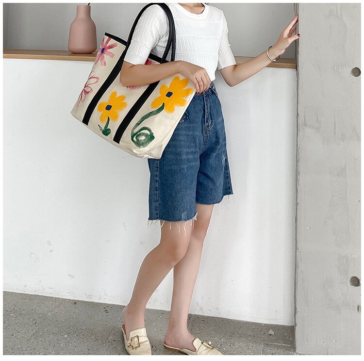 Shoulder Bags Women's Bag Canvas Graffiti Flower Bag Hand Bill Shoulder Large-capacity Shopping Bag Daisy Tote Bag Handbags