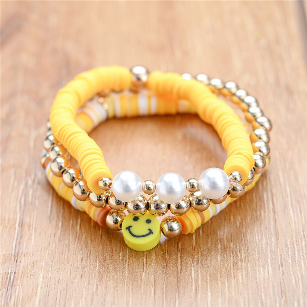 Boho Kleurrijke Polymeer Klei Smiley Gezicht Vriendschap Armband 3 Stks/set Ronde Kralen Multilayer Wrap Armband Vrouwen Polsband: set 1