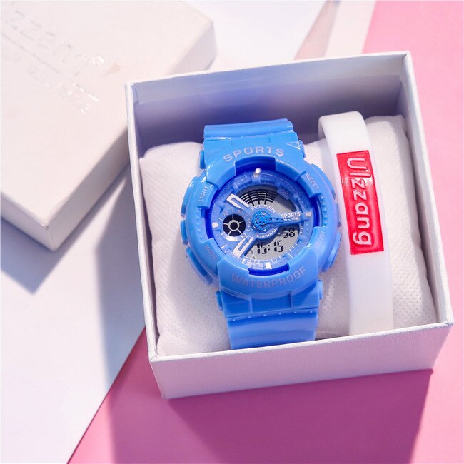 Unieke dameshorloges, wit dames sporthorloge, waterdicht, dual time led digitaal horloge voor meisjes en jongens, trendy: Blauw