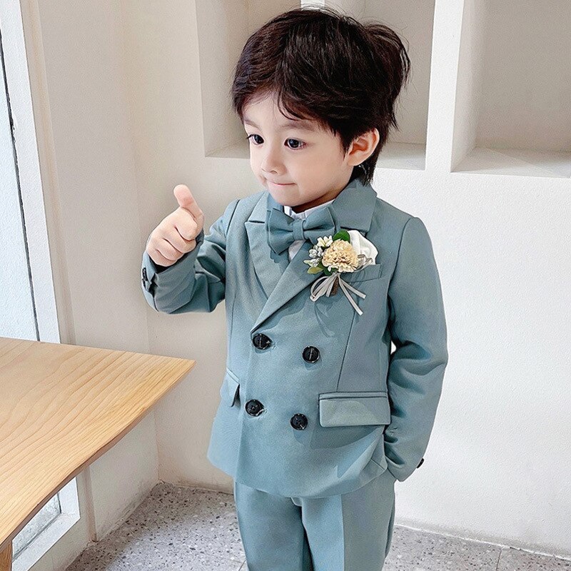 Conjunto de traje Formal de doble botonadura para niño, traje de Color sólido para de boda, traje de celebración, Blazer para niño, pantalones, conjunto de ropa de 2 piezas: blue 2pcs / 4 años