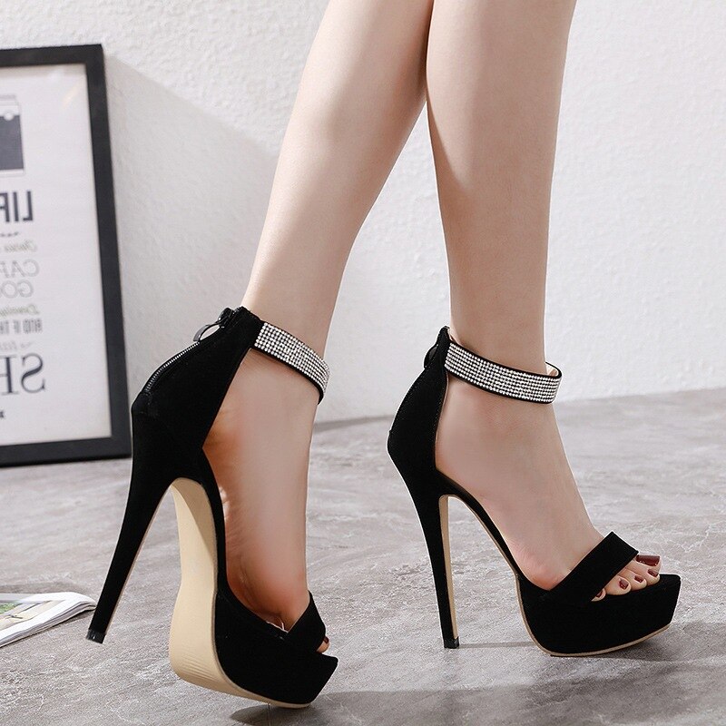 Stiletto Heels15cm zapatos de Stripper Sexy sandalias de gladiador Cristal de imitación de Correa al tobillo después de Zip zapatos de boda