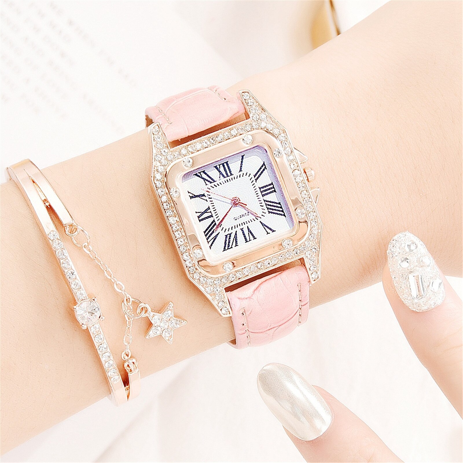 Dames Armband Horloge Band Vierkante Wijzerplaat Diamant En Ster Armband Quartz Horloge Set Horloge Zegarek Damski