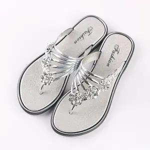 Sandales de plage antidérapantes pour femmes, bout ouvert, argent, , décontractées, cristal doré, été, maison, G6049: c / 5.5