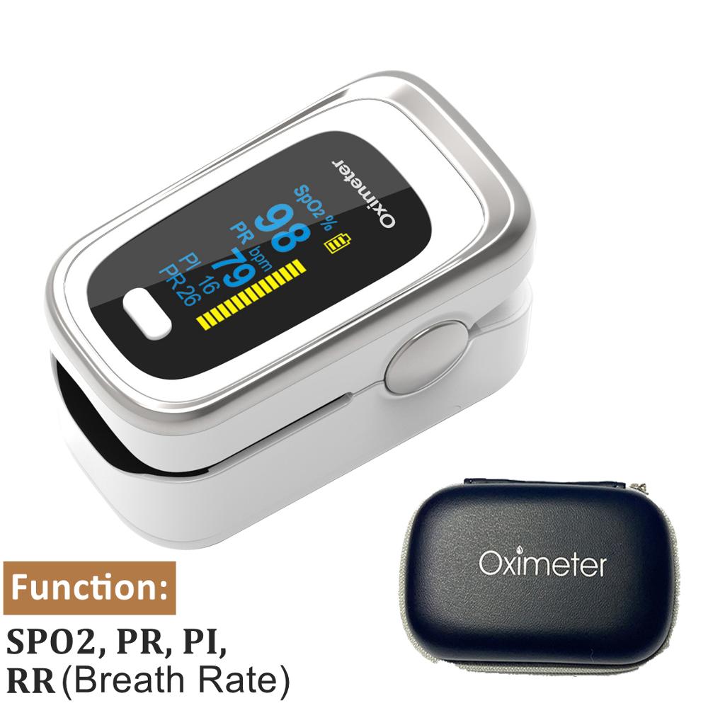 Fingertip Pulse Oximeter SPO2 PR PI RR Monitor Pulse Oximetry Health Care Blood Oxygen Smart Monitor Finger Oximeter Full OLED: White Sliver