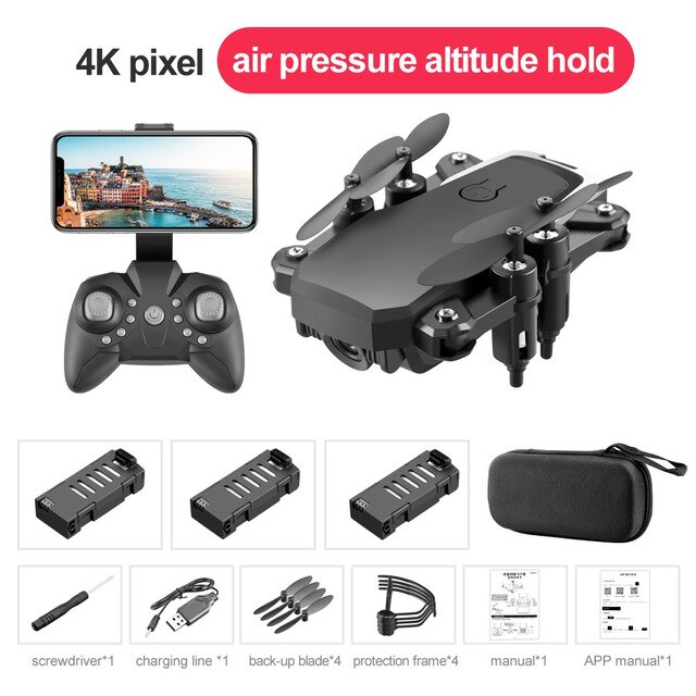 Mini Drone Met Hd Camera Pocket Wifi Rc Quadcopter Selfie Opvouwbare Dron Kinderen Outdoor/Indoor Speelgoed: Black 4K 3B Bag