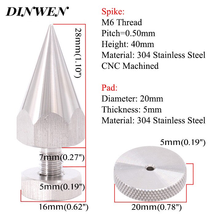 304 Stainless Steel Speaker Spike M6 M8 M10 Thread AMP Studio Monitor Turntable Pad 40mm Instrument Isolation Stand Cone Foot: M6 Thread