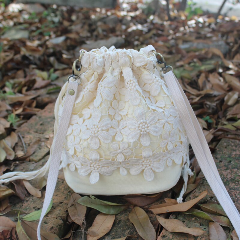 Sac seau en dentelle pour femmes, petit sac à main frais à bandoulière diagonale avec cordon