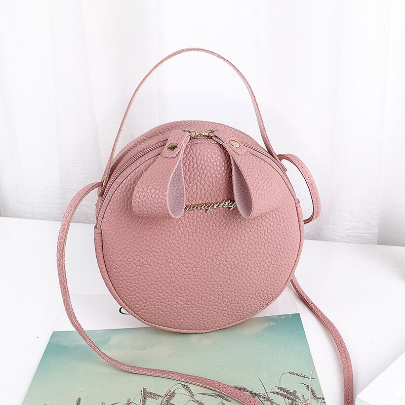 Women Bag Simple Circular Messenger Bag Female Mini Round Handbag PU Leather Ladies Crossbody Bag Bolsas: Pink