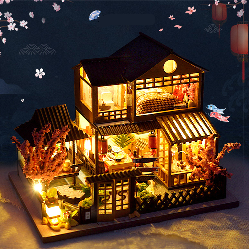 Cutebee DIY Puppenhaus Bausatz Japanischer Garten RV Holz Miniatur Puppenhaus Spielzeug für freundlicher Mädchen Erwachsene Mädchen: Grün