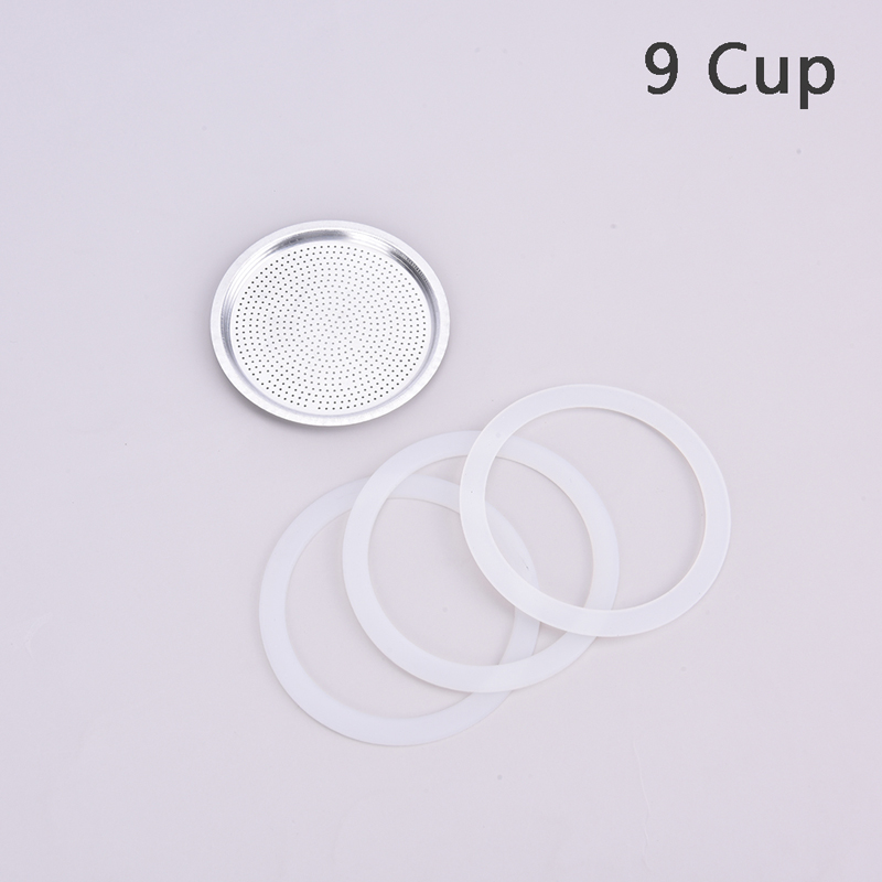 3 Silicone Gaskets And 1Pc Stainless Steel Filter Moka Pot Coffee Bottle Replacement Compatible With 3/6/9/12 Cup Moka Express: 9 Cup
