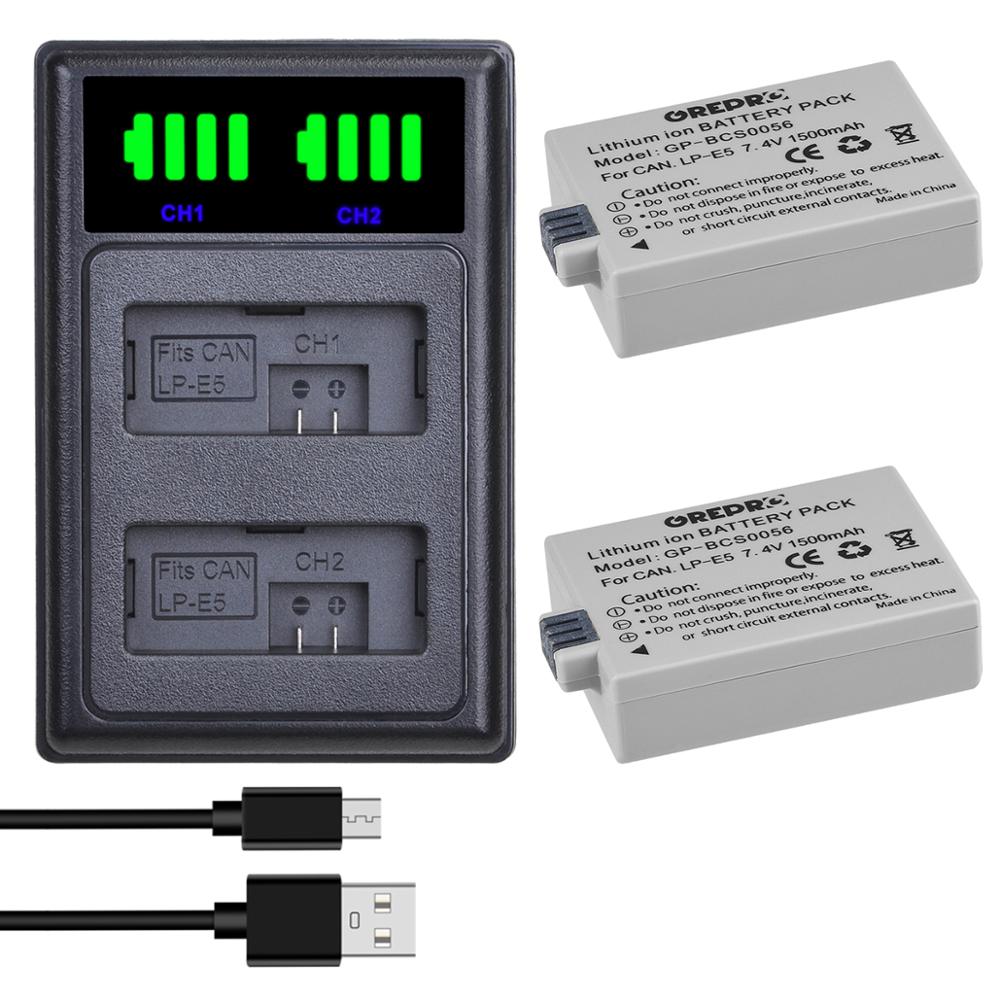 2Pcs 1500mAh LP-E5 LPE5 LP E5 Battery + LED Dual Charger with type-C Port for Canon 450D 500D 1000D Kiss X2 X3 F Rebel XSi Xli: 2B with Charger