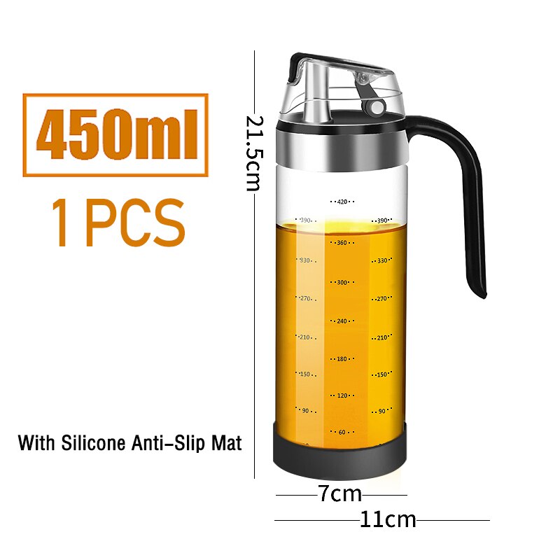 Grande Bouteille en Verre à Rabat et Bouchon Automatique, Distributeur d'Huile d'Olive, Conteneur de Condiments, Cruet Étanche de Vinaigre: 450ML with Pad 1pc