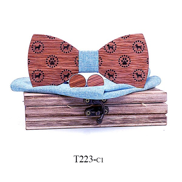 Træ butterfly solid forretning bowtie mænd vintage hund trykt træ butterfly lomme firkantet lommetørklæde manchetknapper med boks sæt: T223-c1