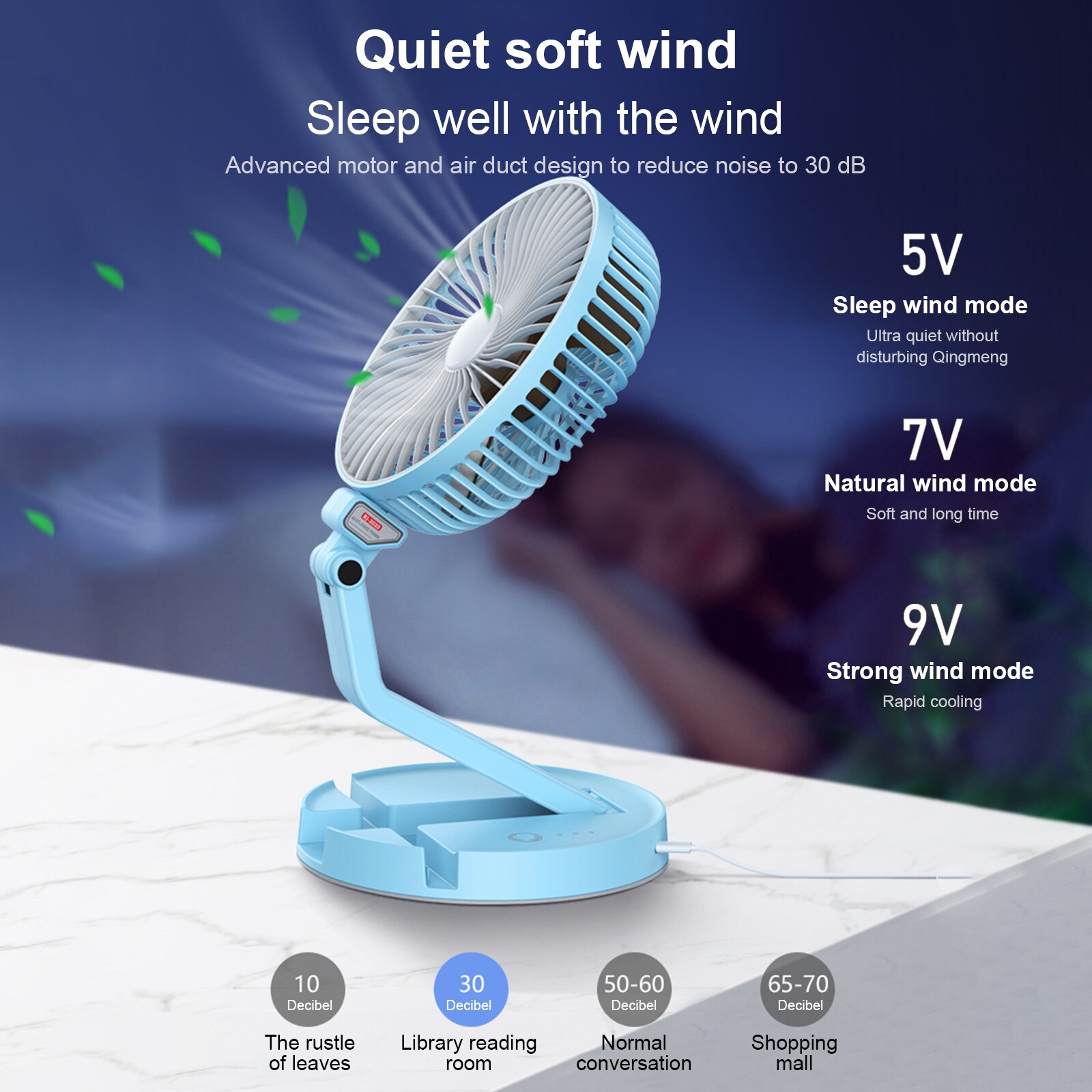 Folding Fan Lamp - USB Rechargeable Telescopic Desk Fan - 7 Inch Wall-Mounted Desktop Fan