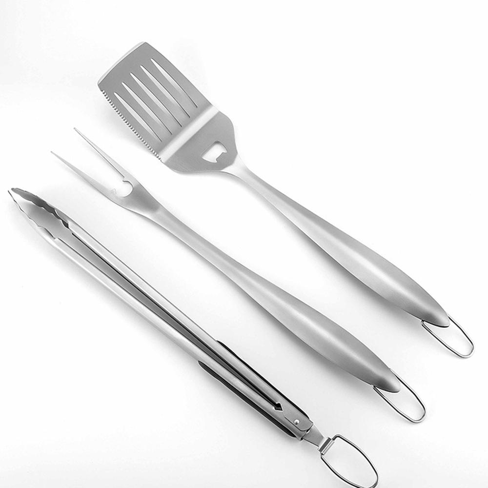 Heavy Duty Bbq Grilling Tool Set, Stainless Steel Tongs, Spatula With Bottle Opener And Serrated Edge, Barbecue Meat Fork: 3pcs