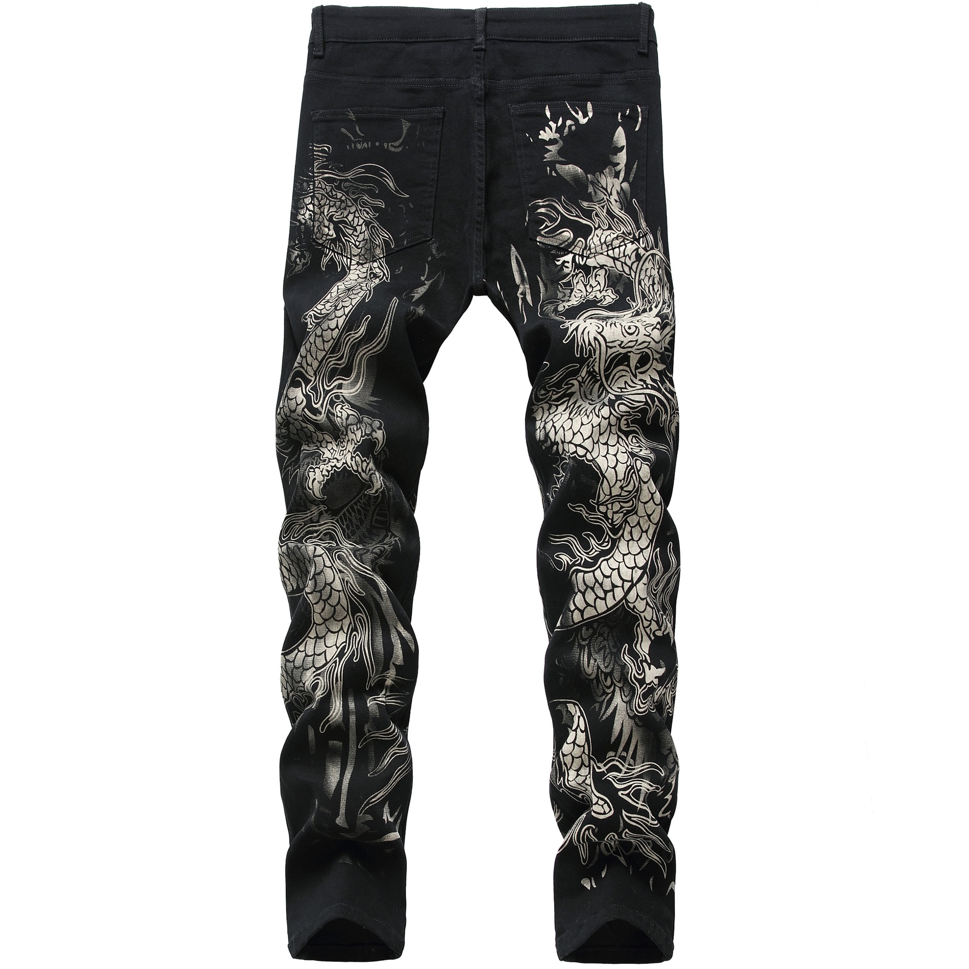 Dragon Printed Jeans Mens Denim Pants Men&#39;s Original Brand Casual Cotton Slim Pencil Pants Male Black Jeans