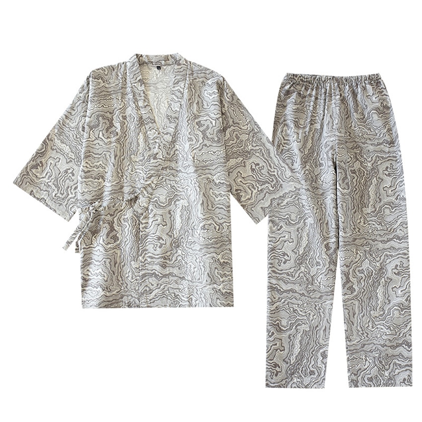 2022 samurai mænd traditionelle kiimoono pyjamas sæt bomuld bølgeprint v-hals løs japansk stil nattøj pijama haori bukser