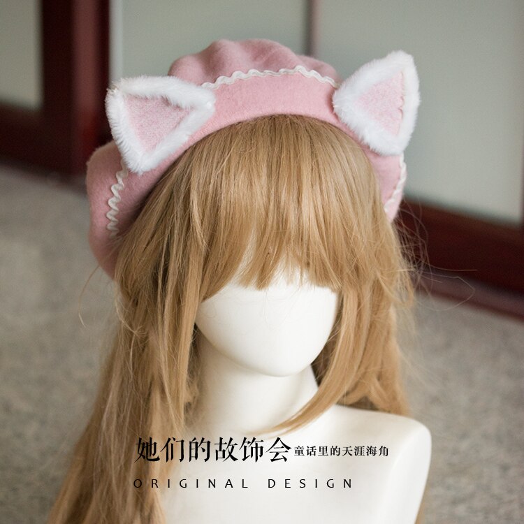 Mori Girl-boinas planas con orejas de gato para mujer, gorro de pintor de lana, Vintage, cálido, para Otoño e Invierno