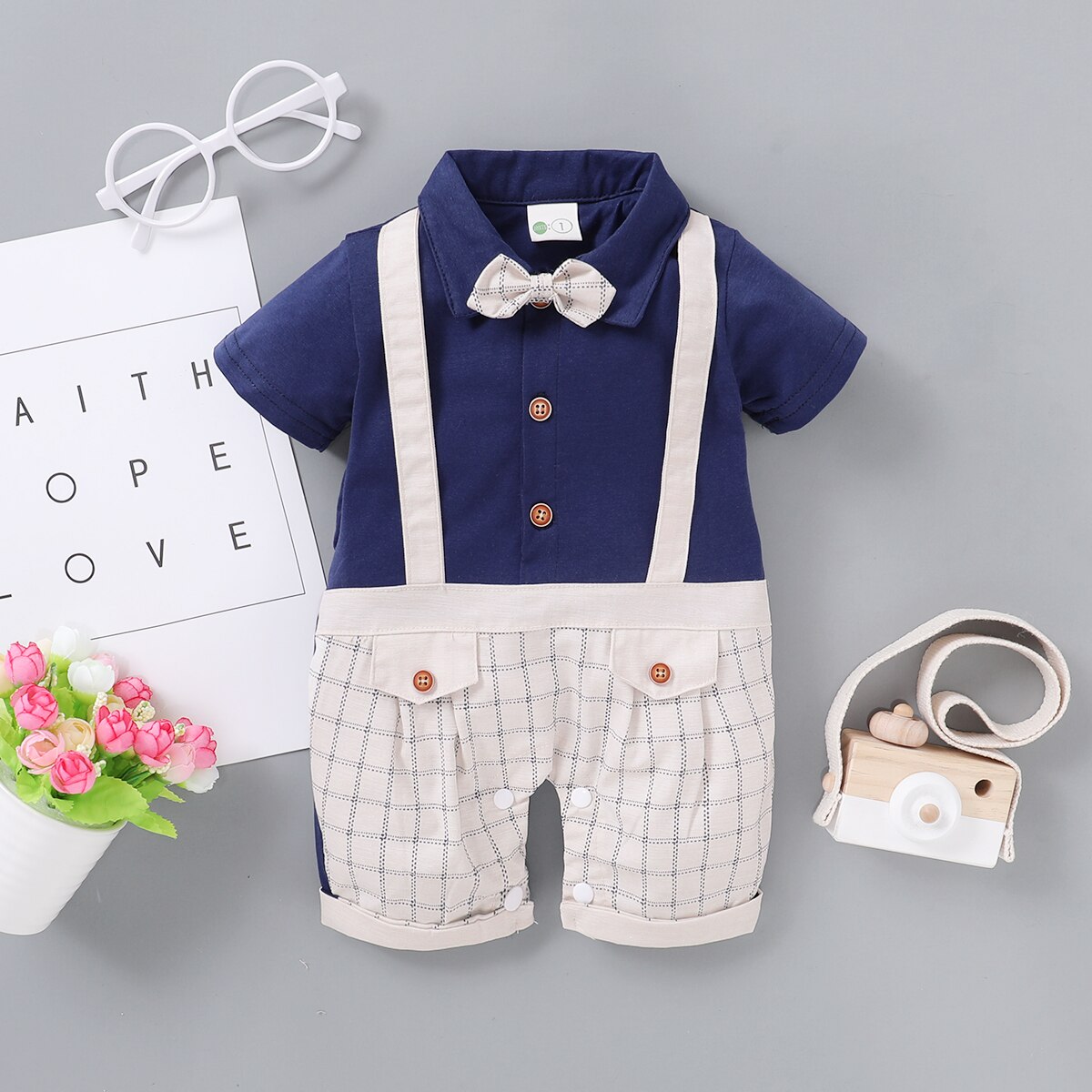0-18M Gentleman Kinderen Jongens Rompertjes 2 Kleuren Korte Mouwen Plaid Patchwork Causale Jumpsuits Outfits