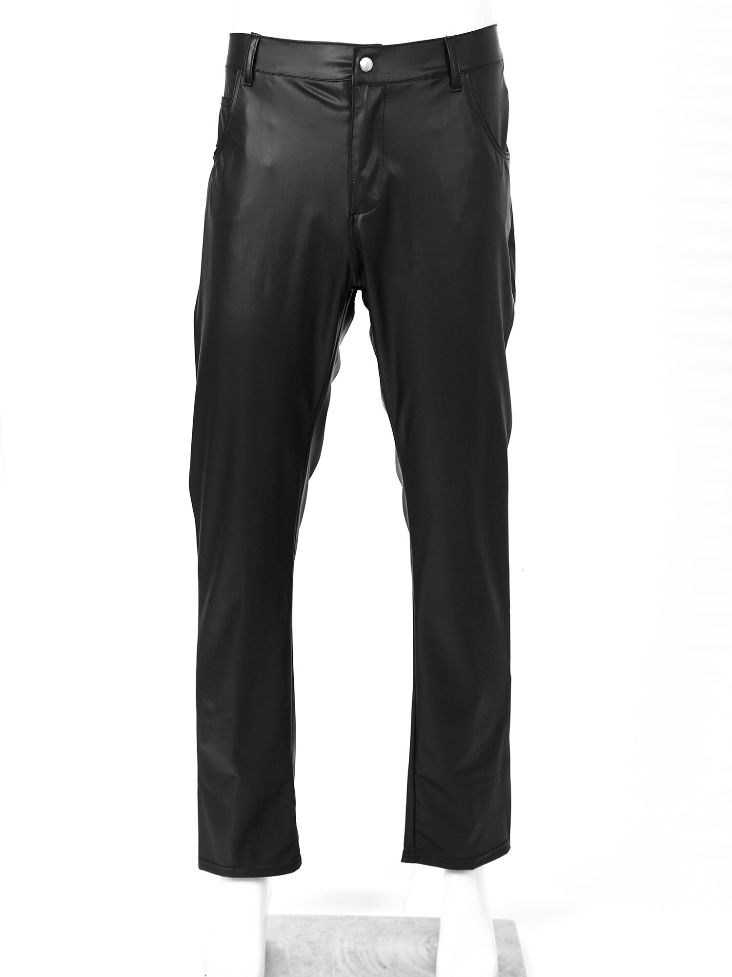 Men Black Long Pants Wet Look Faux Leather Patchwork Legging Pants Clubwear Motorcycle Mid Waist Trousers with Pockets
