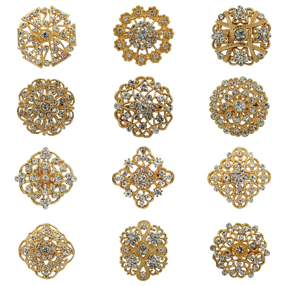 WEIMANJINGDIAN Lots de 12 pièces cristal strass fleur broche broches ensemble pour bricolage mariage Bouquet Kits bijoux accessoires: KZ001 gold clear