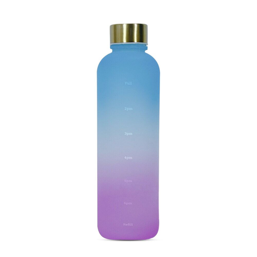 1000ML Kunststoff Raum Tasse Große-Kapazität transparent Gefrostet Wasser Tasse Kupfer Deckel Sport Wasser Flasche Mit Zeit Marker für Schüler: Blau Wasser Flasche
