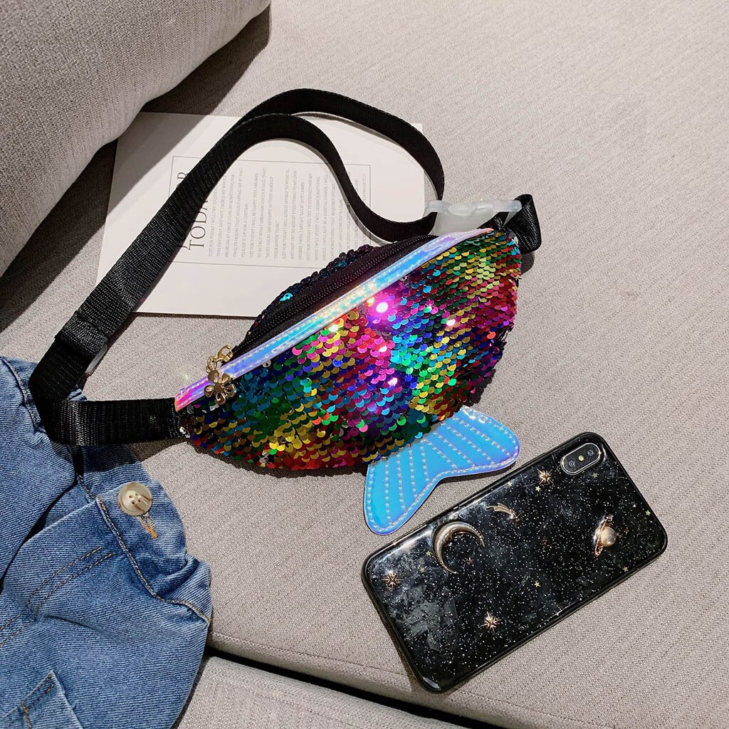 Sequins Children Shoulder Bag Chest Bag Women Sequins Fishtail Messenger Bag Winter Luxury Crossbody Bags For Women #C1: Black