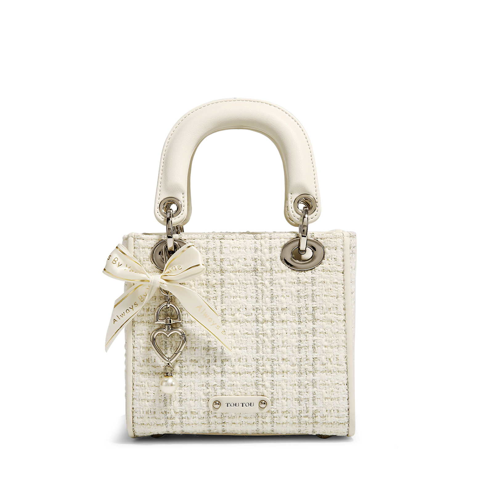 TOUTOU Argyle Jacquard Handtasche Schleife Dekor Satchel Geldbörse Damen Kleine Einkaufstasche Luxusmarke Tasche: WHITE