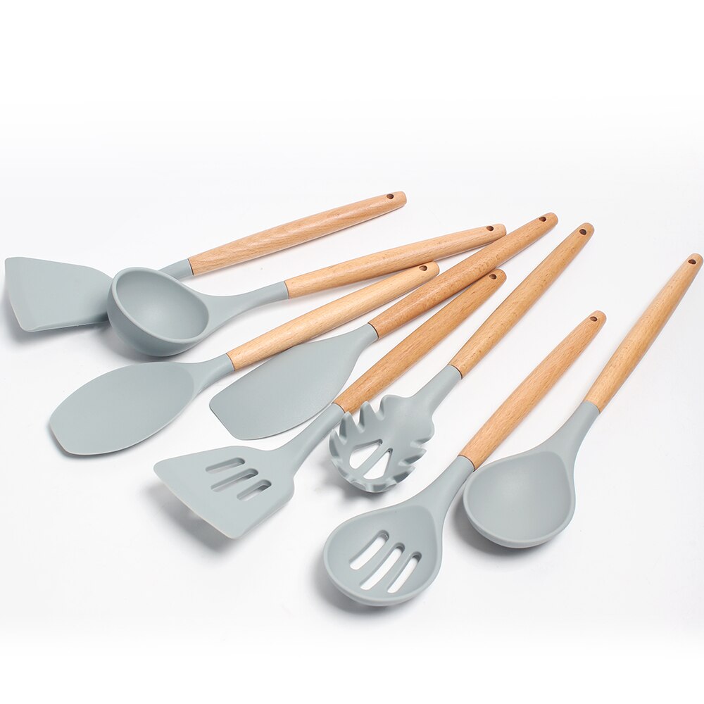 Kjøkkenutstyrssett i silikon kjøkkenverktøy kjøkkenredskaper trehåndtak nonstick spatelrør med grå premiumboks