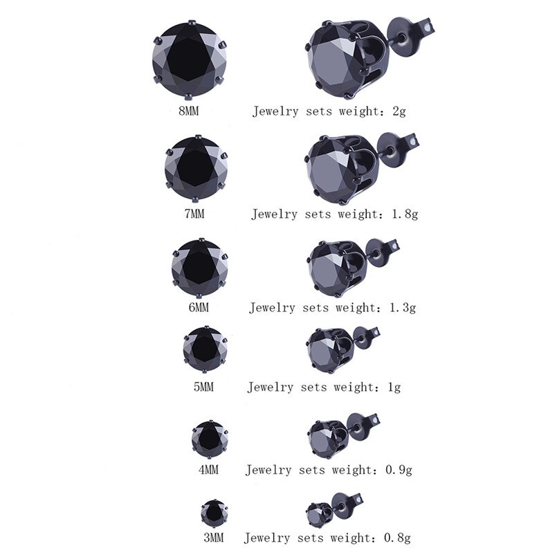 6 pairs/sets Classic Black White Cubic Zircon Stud Earrings Set Stainless Steel Crystal Earrings jewelry for Men Women