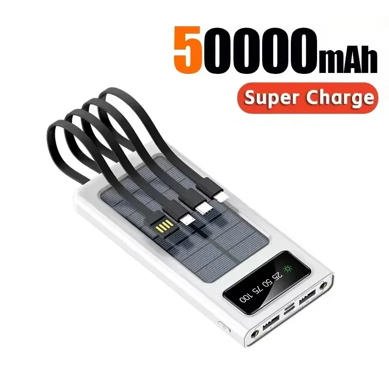 200000 mah solcelledrevet powerbank med ultrakapacitet, usb 4 in1 superhurtig opladning, usb type c, led-lys, udendørs powerbank til iphone: Sort