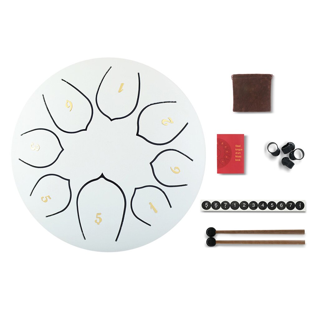 6 inch Hand Pan Ethereal Rhythm Tongue Drum Percussion Musical Instruments Portable Alloy 8 Tune Ethereal Drum Instrument: White
