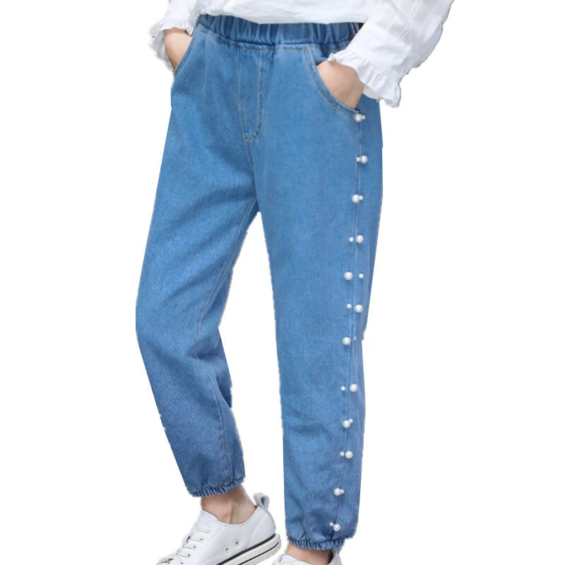 Børnejeans bukser til piger kausale denimbukser børn forår efterår jeans med perler alder 4 5 7 9 11 13 år