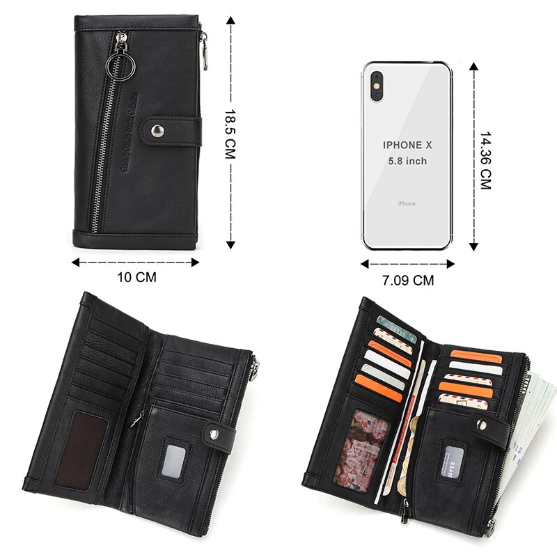 CONTACT'S 100% Genuine Leather Men Wallet Multifunction Long Purse with Coin Pocket Zipper Cartera Male Card Holder Rfid Wallets